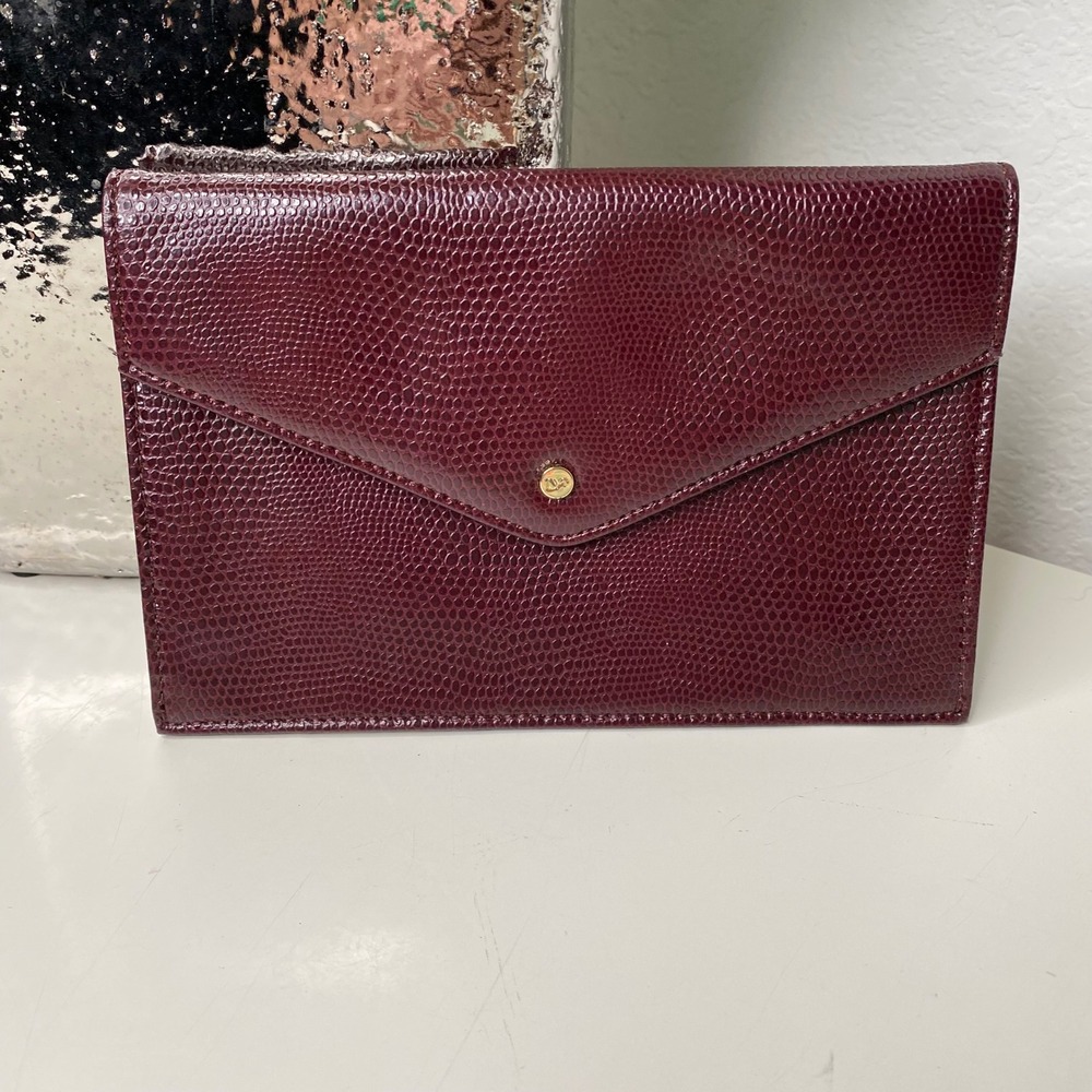 Diane von Furstenberg Deep‎ Cherry Lizard Embossed Leather Envelope Clutch Bag